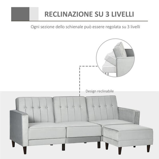 DIVANO LETTO 3 POSTI CON RIVESTIMENTO IN VELLUTO 218X85X86 CM GRIGIO CHIARO
