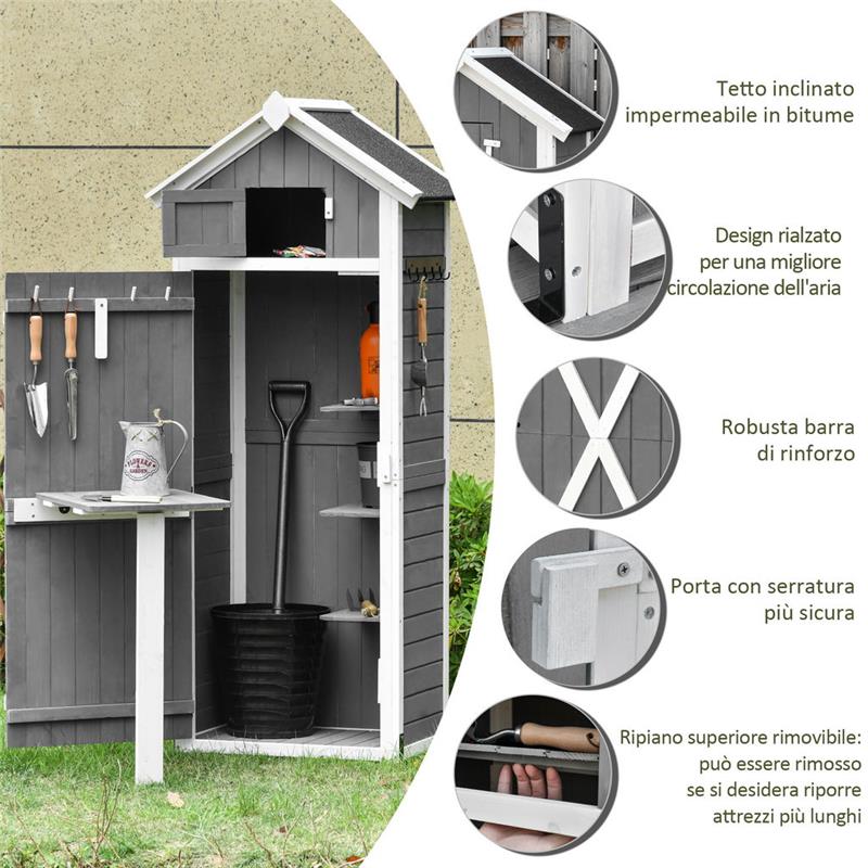 CASETTA DA GIARDINO CON RIPIANO RIMOVIBILE E TAVOLO 78X52.5X182 CM GRIGIO