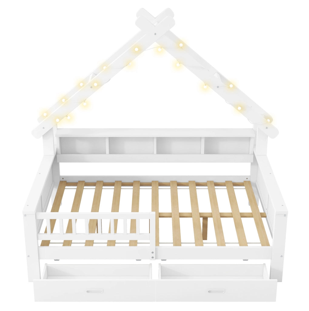 Letto a casetta con LED; 140x200 cm; con ripiani e 2 cassetti; in MDF e pino; bianco