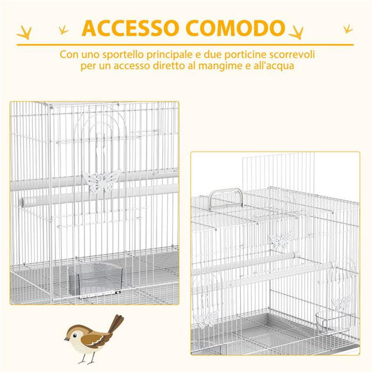 GABBIA PER UCCELLI IN METALLO CON POSATOI, CIOTOLE PER CIBO E MANIGLIA, 60X41X41CM - BIANCO