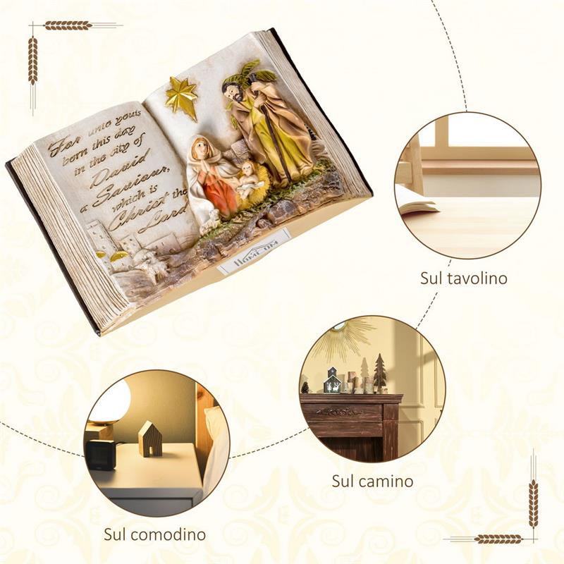 NO PRESEPE DI NATALE CON STATUINE 3D E INCISIONE, NATIVITÀ, DECORAZIONE NATALIZIA IN RESINA