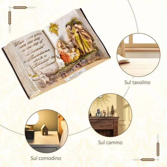 NO PRESEPE DI NATALE CON STATUINE 3D E INCISIONE, NATIVITÀ, DECORAZIONE NATALIZIA IN RESINA