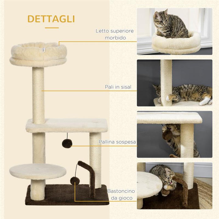 ALBERO TIRAGRAFFI PER GATTI CON PALO IN SISAL, POSATOIO E PALLINE DA GIOCO, IN TRUCIOLATO E PELUCHE, 44X38X74 CM