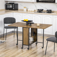 TAVOLO PIEGHEVOLE CON 6 RUOTE E MENSOLA STILE INDUSTRIALE IN LEGNO E METALLO, MARRONE CHIARO