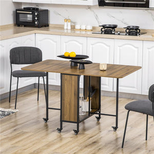 TAVOLO PIEGHEVOLE CON 6 RUOTE E MENSOLA STILE INDUSTRIALE IN LEGNO E METALLO, MARRONE CHIARO