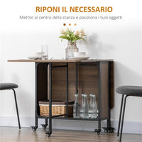 TAVOLO PIEGHEVOLE CON 6 RUOTE E MENSOLA STILE INDUSTRIALE IN LEGNO E METALLO, MARRONE CHIARO