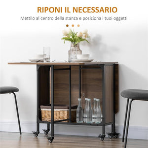 TAVOLO PIEGHEVOLE CON 6 RUOTE E MENSOLA STILE INDUSTRIALE IN LEGNO E METALLO, MARRONE CHIARO