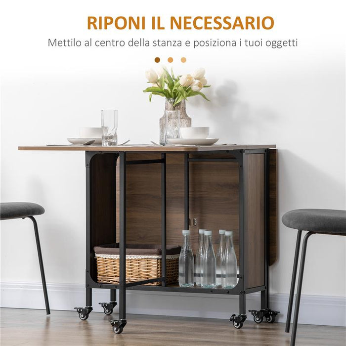 TAVOLO PIEGHEVOLE CON 6 RUOTE E MENSOLA STILE INDUSTRIALE IN LEGNO E METALLO, MARRONE CHIARO