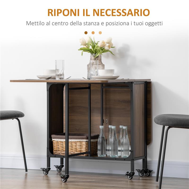 TAVOLO PIEGHEVOLE CON 6 RUOTE E MENSOLA STILE INDUSTRIALE IN LEGNO E METALLO, MARRONE CHIARO