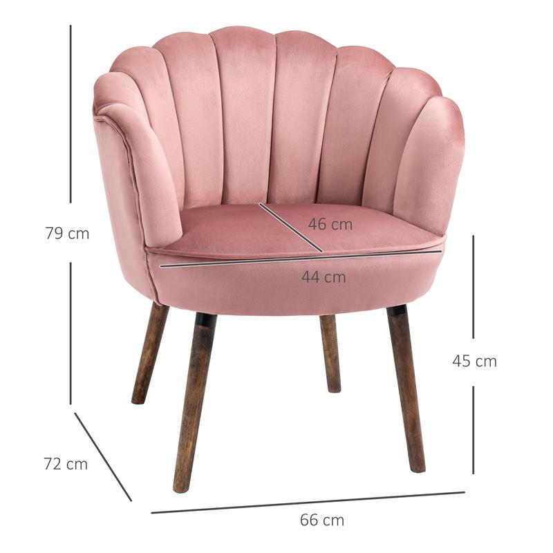 POLTRONA IMBOTTITA CON SCHIENALE A CONCHIGLIA E GAMBE IN LEGNO, POLTRONA IN VELLUTO PER SALOTTO E CAMERA, 66X72X79CM, ROSA