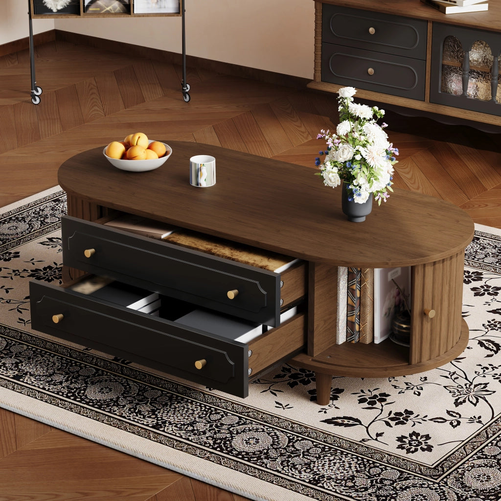 TAVOLINO DA CAFFÈ 100 x 50 x 36 cm Effetto Noce e Nero con 2 cassetti