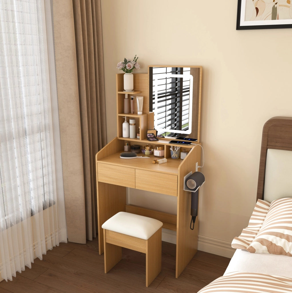 Toeletta con specchio LED regolabile; 2 cassetti; presa integrata e sgabello imbottito; 60x36x130 cm; legno naturale