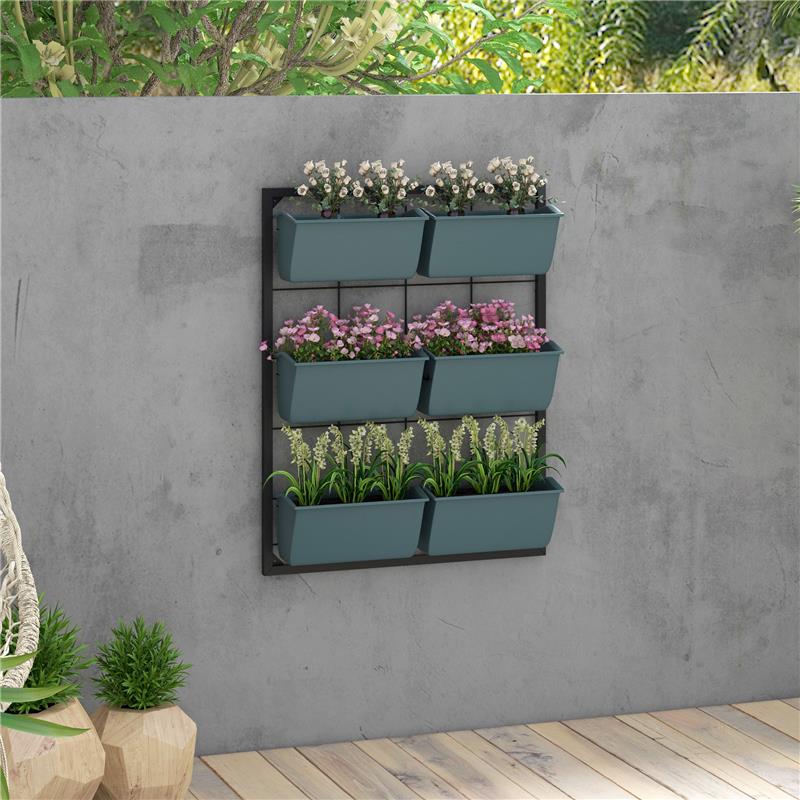 ORTO VERTICALE A 3 LIVELLI CON 6 VASI IN ACCIAIO E PLASTICA, 52X14X66CM, VERDE SCURO