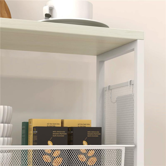 CARRELLO DA CUCINA A 3 LIVELLI CON CESTINO LATERALE E GANCIO, IN TRUCIOLATO E ACCIAIO, 58X18.5X87 CM