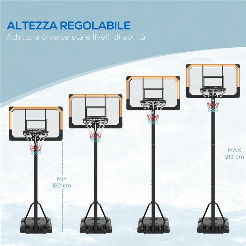 CANESTRO BASKET A 6 ALTEZZE REGOLABILI CON BASE RIEMPIBILE E ROTELLE, IN PE, ACCIAIO E POLIESTERE, NERO
