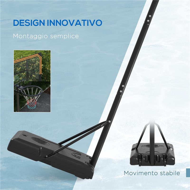 CANESTRO BASKET A 6 ALTEZZE REGOLABILI CON BASE RIEMPIBILE E ROTELLE, IN PE, ACCIAIO E POLIESTERE, NERO