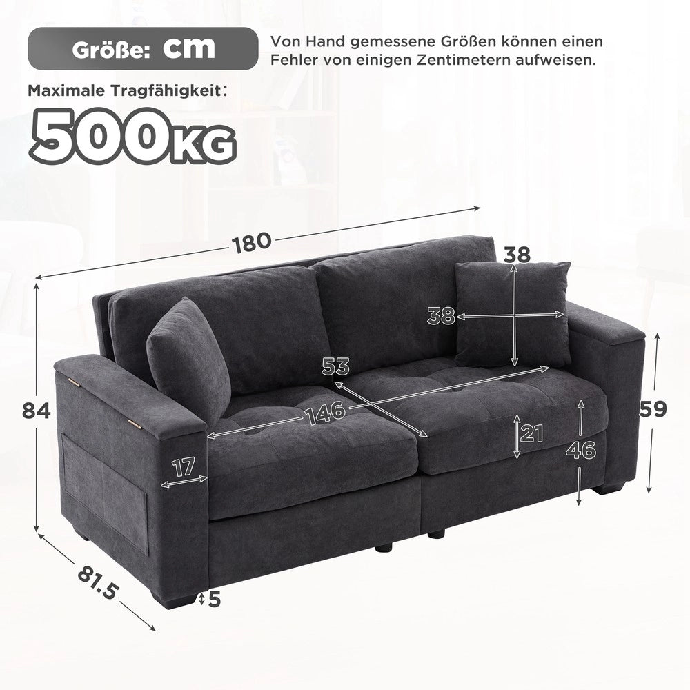 Divano 2 posti contenitore ¨C Minimal ¨C grigio scuro tessuto imbottito con cuscini 180cm