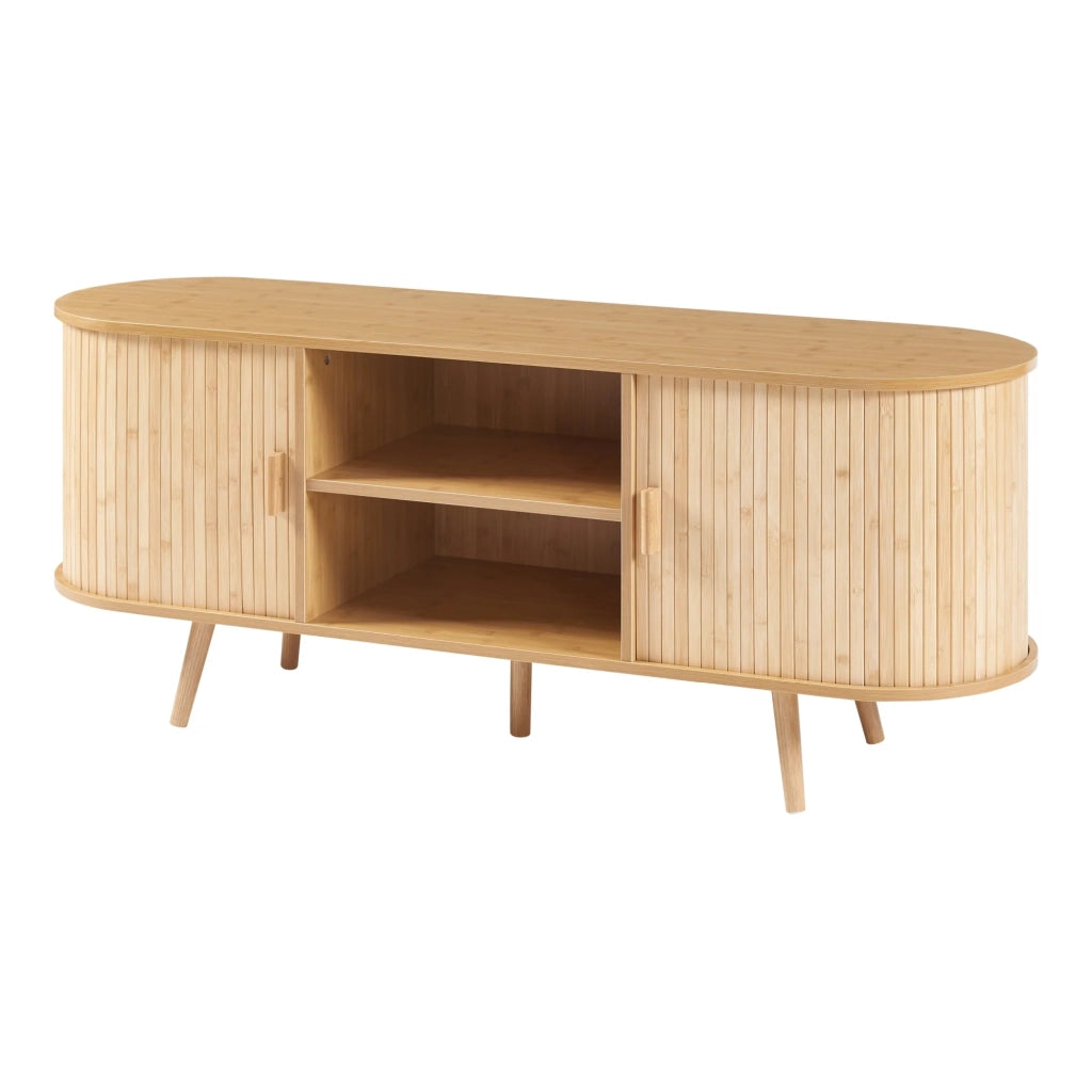 Credenza/cassettiera/mobile contenitore 140 x 40 x 56 cm per soggiorno ingresso camera da letto con ante scorrevoli MDF bambù legno beige 03_0009037