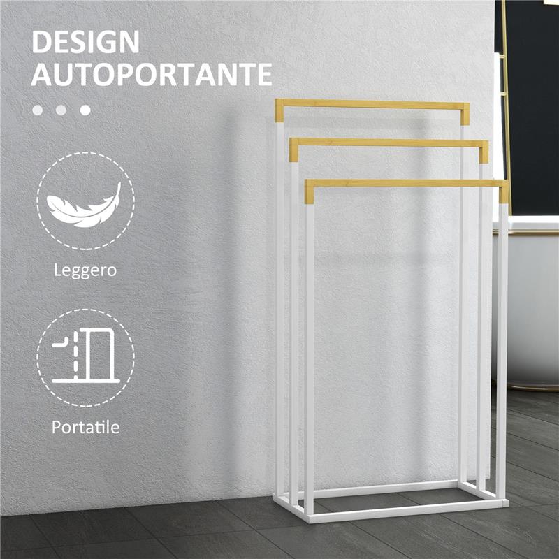 PORTASCIUGAMANI AUTOPORTANTE A 3 SBARRE IN BAMBÙ E ACCIAIO, 45X22.5X86 CM, BIANCO E COLOR LEGNO