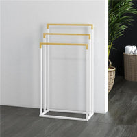 PORTASCIUGAMANI AUTOPORTANTE A 3 SBARRE IN BAMBÙ E ACCIAIO, 45X22.5X86 CM, BIANCO E COLOR LEGNO