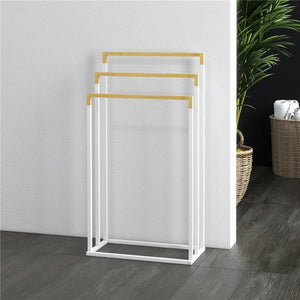 PORTASCIUGAMANI AUTOPORTANTE A 3 SBARRE IN BAMBÙ E ACCIAIO, 45X22.5X86 CM, BIANCO E COLOR LEGNO