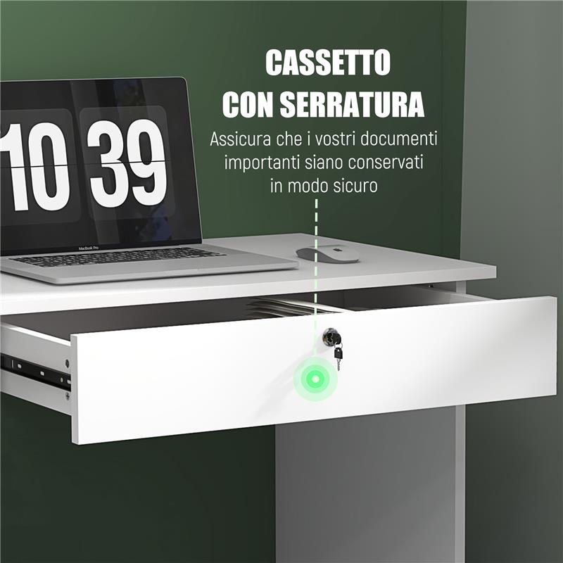 SCRIVANIA MODERNA CON 5 CASSETTI E SCOMPARTO APERTO CON SERRATURA E 2 CHIAVI, 110X50X76CM, BIANCO