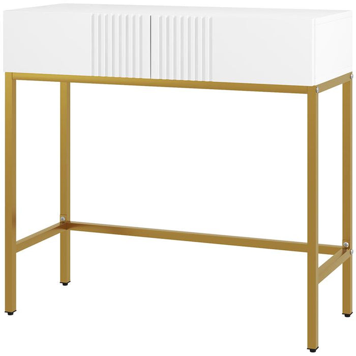 CONSOLLE DA INGRESSO MODERNA CON 2 CASSETTI E GAMBE DORATE, 80X31.5X75CM, BIANCO