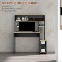 SCRIVANIA MODERNA CON RIPIANI E SUPPORTO PER CPU IN LEGNO, 114X45X138CM, GRIGIO E LEGNO NATURALE