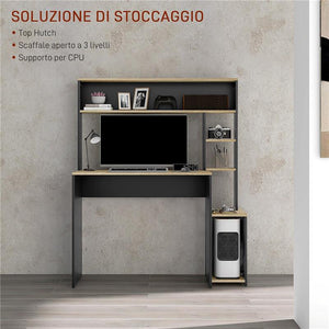SCRIVANIA MODERNA CON RIPIANI E SUPPORTO PER CPU IN LEGNO, 114X45X138CM, GRIGIO E LEGNO NATURALE