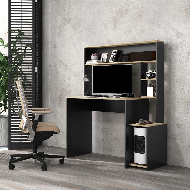 SCRIVANIA MODERNA CON RIPIANI E SUPPORTO PER CPU IN LEGNO, 114X45X138CM, GRIGIO E LEGNO NATURALE