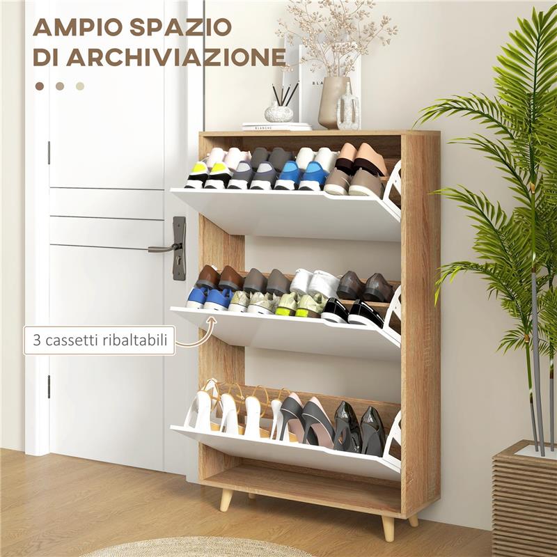 SCARPIERA SALVASPAZIO A 3 CASSETTI CON RIPIANO REGOLABILE PER 18-24 PAIA DI SCARPE, 72X24X119CM, BIANCO