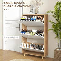 SCARPIERA SALVASPAZIO A 3 CASSETTI CON RIPIANO REGOLABILE PER 18-24 PAIA DI SCARPE, 72X24X119CM, BIANCO
