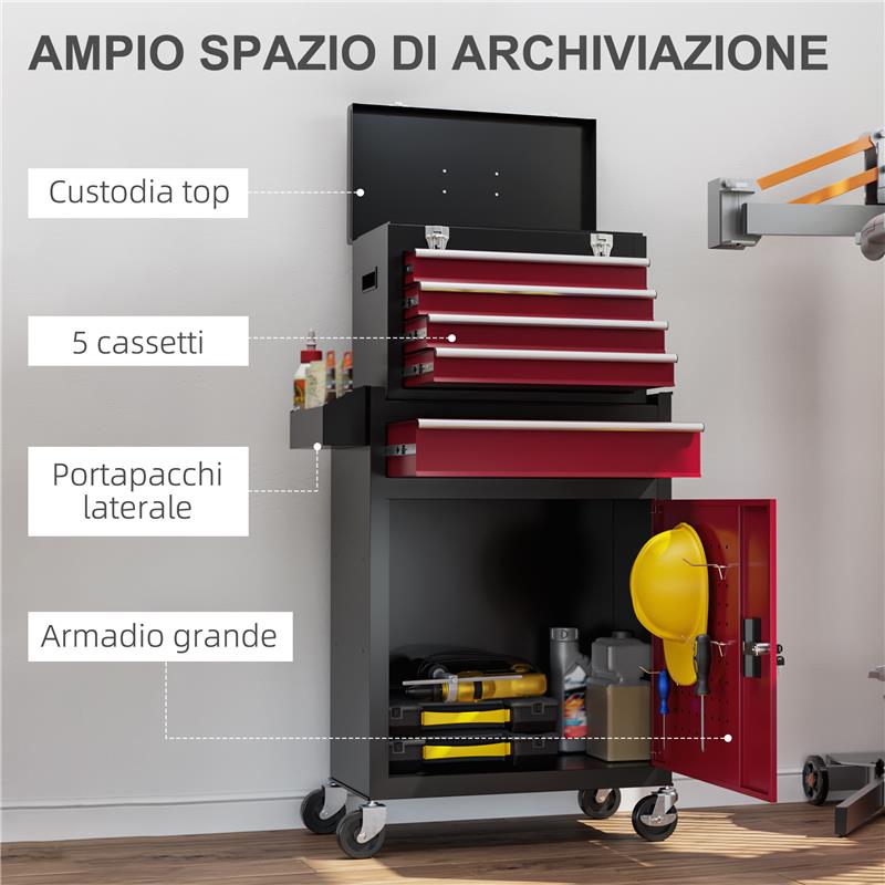 CARRELLO PORTA ATTREZZI 5 CASSETTI, CASSETTA RIMOVIBILE E ARMADIETTO CON CHIAVE IN ACCIAIO, ROSSO