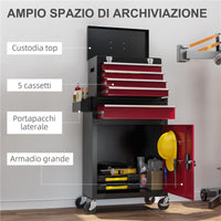 CARRELLO PORTA ATTREZZI 5 CASSETTI, CASSETTA RIMOVIBILE E ARMADIETTO CON CHIAVE IN ACCIAIO, ROSSO