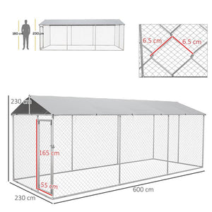 KENNEL PER CANI DA ESTERNO CON TETTO IMPERMEABILE IN TESSUTO OXFORD E ACCIAIO, 6X2.3X2.3M, ARGENTO