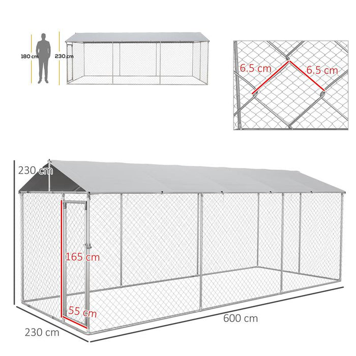 KENNEL PER CANI DA ESTERNO CON TETTO IMPERMEABILE IN TESSUTO OXFORD E ACCIAIO, 6X2.3X2.3M, ARGENTO