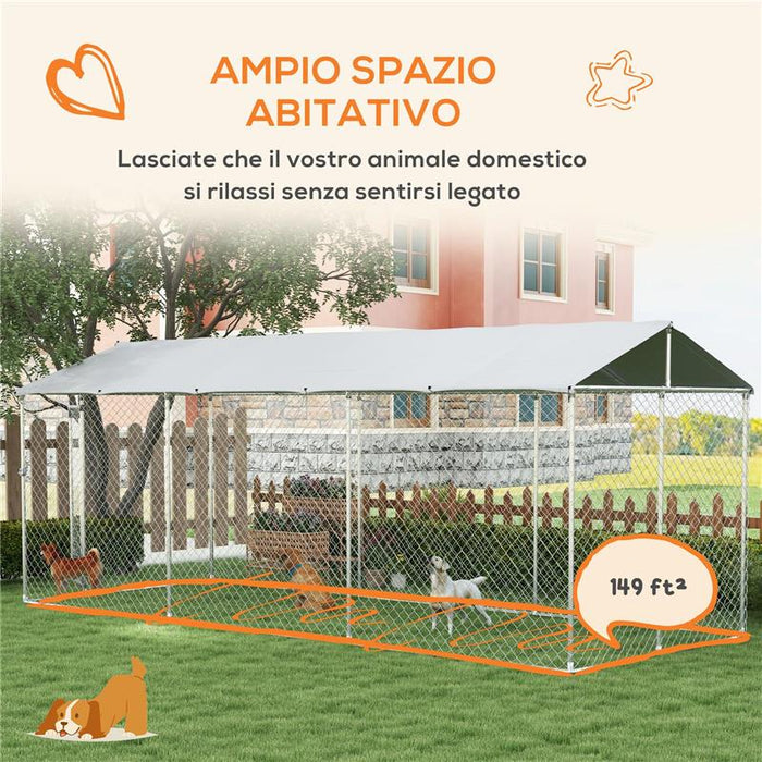 KENNEL PER CANI DA ESTERNO CON TETTO IMPERMEABILE IN TESSUTO OXFORD E ACCIAIO, 6X2.3X2.3M, ARGENTO