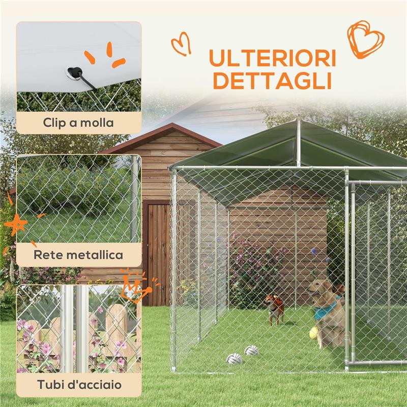 KENNEL PER CANI DA ESTERNO CON TETTO IMPERMEABILE IN TESSUTO OXFORD E ACCIAIO, 6X2.3X2.3M, ARGENTO