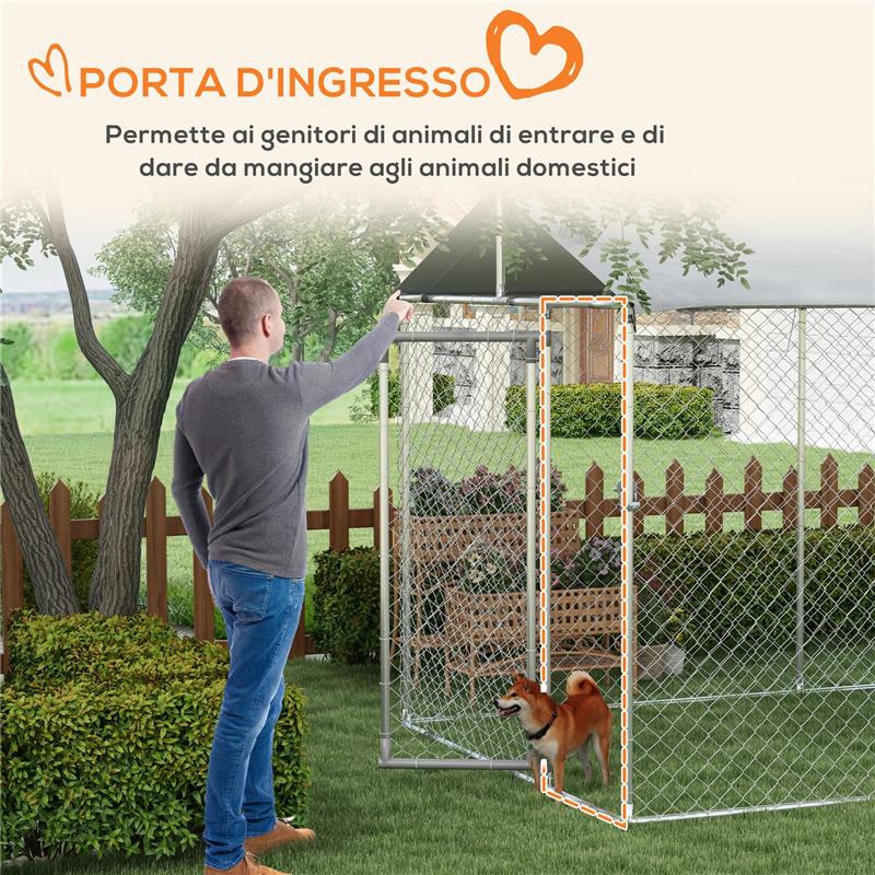 KENNEL PER CANI DA ESTERNO CON TETTO IMPERMEABILE IN TESSUTO OXFORD E ACCIAIO, 6X2.3X2.3M, ARGENTO