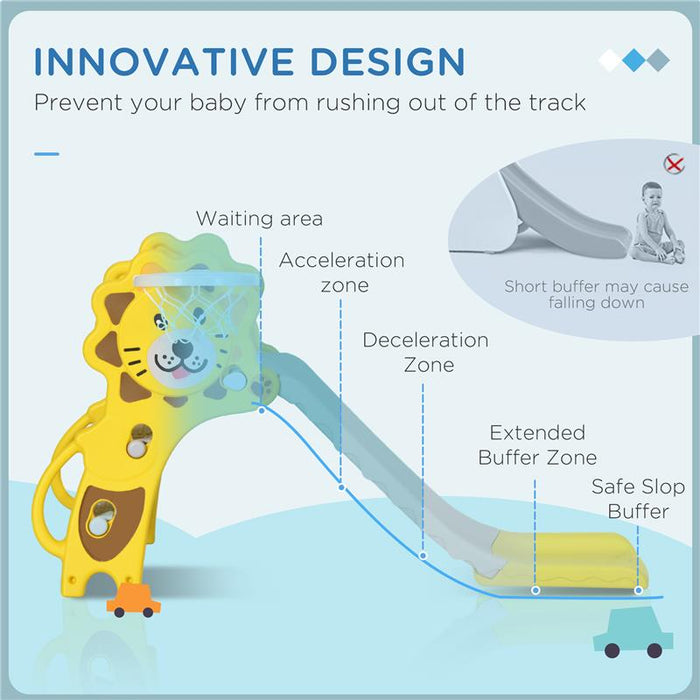 SCIVOLO PER BAMBINI 18-36 MESI CON CANESTRO DA BASKET LATERALE IN PE, 131X50X74 CM, GIALLO E GRIGIO