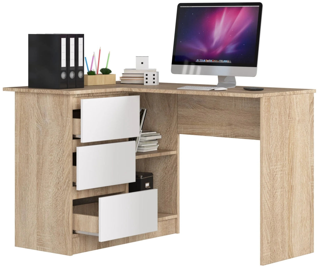 Scrivania angolare AKORD B16 Sonoma Quercia 124 cm 3 cassetti inserto frontale Bianco 124x85x77 cm Modello a sinistra