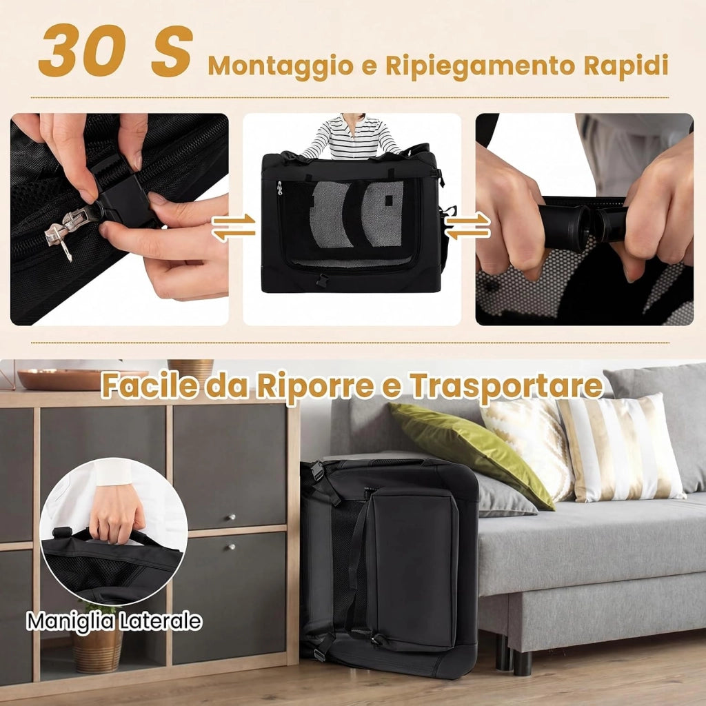 Trasportino per Cani e Gatti, Borsa per Cani Pieghevole e Traspirante con Morbido Cuscino, Parte Superiore Apribile, 2 Tasche Portaoggetti e 2 Manici per Animali Domestici (M,Nero)