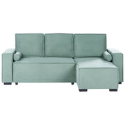 Divano letto angolare a 3 posti con rivestimento in tessuto verde chiaro, lato sinistro, con braccioli contenitore reversibili, stile moderno per soggiorno
