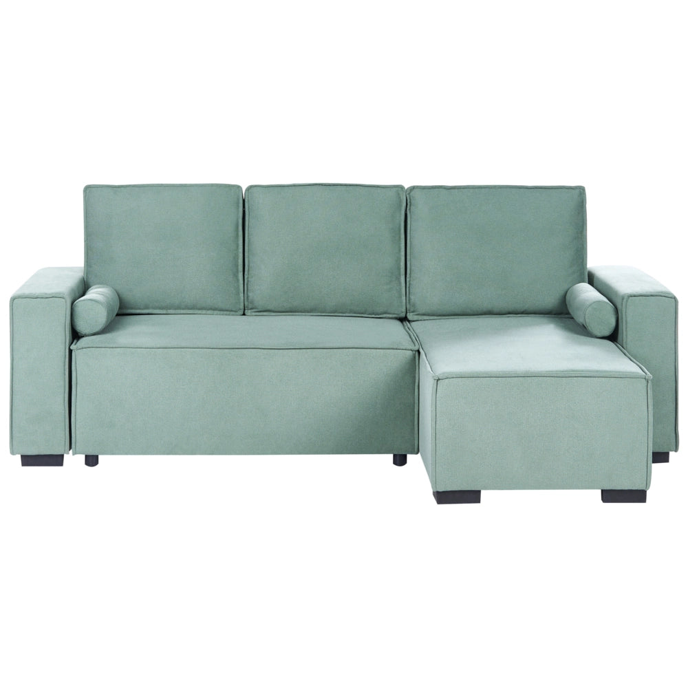 Divano letto angolare a 3 posti con rivestimento in tessuto verde chiaro, lato sinistro, con braccioli contenitore reversibili, stile moderno per soggiorno