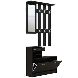 MOBILE DA INGRESSO APPENDIABITI CON SCARPIERA E SPECCHIO, IN TRUCIOLATO, 90X10X102 CM, NERO