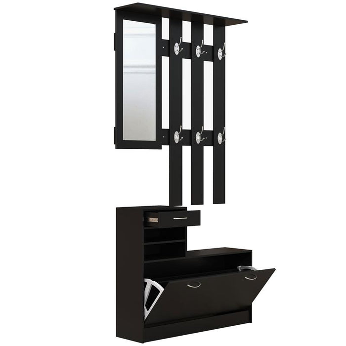 MOBILE DA INGRESSO APPENDIABITI CON SCARPIERA E SPECCHIO, IN TRUCIOLATO, 90X10X102 CM, NERO