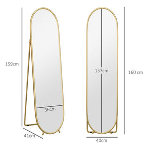 SPECCHIO VERTICALE OVALE DA TERRA CON SUPPORTO, IN VETRO E METALLO, 40X41X159 CM, TONALITÓ ORO
