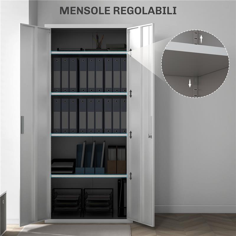 ARMADIO DA UFFICIO A 5 LIVELLI CON 4 RIPIANI REGOLABILI, IN ACCIAIO, 80X40X180 CM, BIANCO