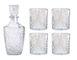 MA MAISON SET BOTTIGLIA IN VETRO DECORATO CON TAPPO DA WHISKY + 4 BICCHIERI IN VETRO SET DESIGN PER LIQUORI E AMARI