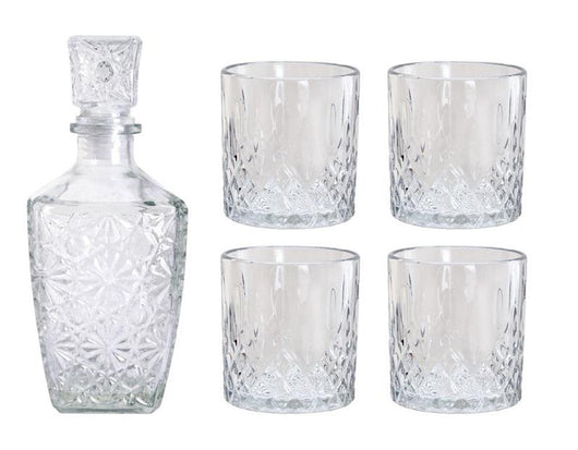 MA MAISON SET BOTTIGLIA IN VETRO DECORATO CON TAPPO DA WHISKY + 4 BICCHIERI IN VETRO SET DESIGN PER LIQUORI E AMARI